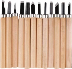 Set van 12 gutsen en beitels voor hout met houten handgreep