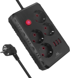 Overspanningsstekkerdoos MACLEAN MCE393, 4 stopcontacten en 3× USB, 3 m, zwart