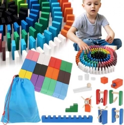 Houten domino en knikkerbaan 407 stuks met tas