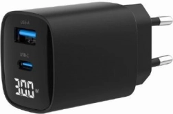 GaN snellader 30 W met USB‑C en USB‑A, LCD‑display, zwart