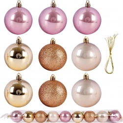 Set onbreekbare kerstballen roze en goud 6 cm, 9 stuks