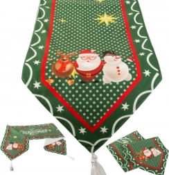 Kersttafelloper groen 205 × 35 cm met Kerstman, sneeuwman en rendier