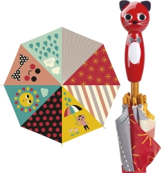 Kleurrijke kinderparaplu met handvat in de vorm van een kat