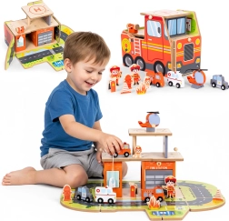 Houten brandweerkazerne 2-in-1 – opvouwbare garage en voertuig met 2 verdiepingen en accessoires ECOTOYS