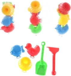 Zandset met schep, harkje en vormpjes