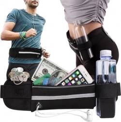 Hardloop-heuptasje met fleshouder, reflecterende band en doorvoer voor oortjes – zwart