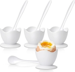 Witte eierdopjes met lepeltjes, set van 4 stuks