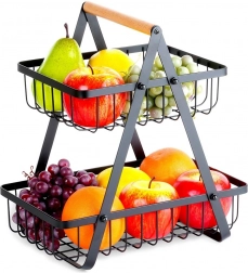 Twee-laags metalen fruitmand met houten handvat, zwart