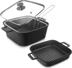Granieten vierkante pan met glazen deksel, grillpan en mand 4,5 l + 2 l, 4-delig