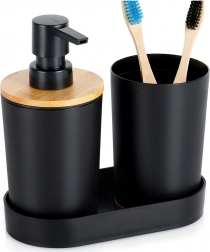 Zwarte badkamerset 3-delig met dispenser en bamboe-accenten