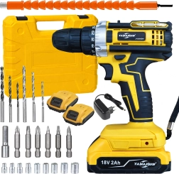 Accuboormachine/schroevendraaier 18 V met LED, 2× 2 Ah accu’s en koffer met accessoires