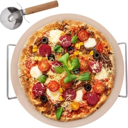 Chamotte pizzasteen met standaard en pizzasnijder, 3-delige set