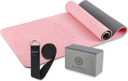 Roze yogaset HMS – mat, blok en riem