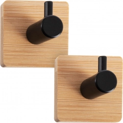 Zelfklevende houten wandhaken met zwart metaal 4,5 × 4,5 cm – set van 2 stuks