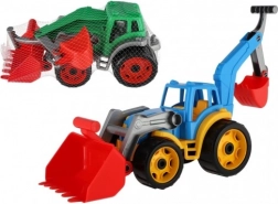 Kunststof tractor–graafmachine met schep, groen
