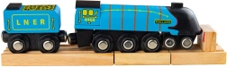 Houten replica van de Mallard-locomotief met rails