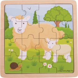 Houten inlegpuzzel Schaap met lammetje BIGJIGS TOYS, 18 stukjes