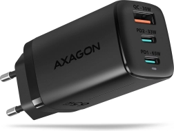 netlader AXAGON GaN 65W, 3 poorten (USB-A + 2× USB-C), PD 3.0/QC 4+, PPS, zwart
