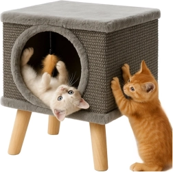 Kattenhuis op pootjes PURLOV met mand en sisal