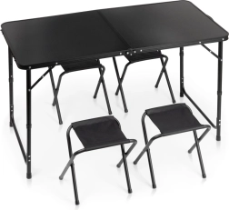 Vilde opvouwbare campingtafel met 4 krukjes, zwart, 120 × 60 cm