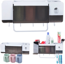 Wandorganizer voor tandenborstels met tandpastadispenser en 3 bekers, wit