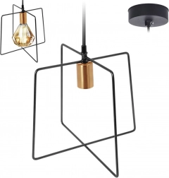 Hangende metalen lamp zwart met gouden fitting, geometrisch frame