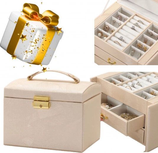 Meerniveau sieradendoos met handvat – goudkleurig beslag, beige