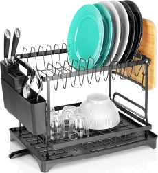 Metalen afdruiprek voor servies zwart, tweelaags 42 × 29 × 36,5 cm