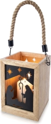 Houten kerstlantaarn van mangohout met touwhandvat 14 × 14 × 20 cm