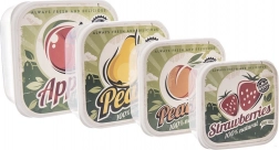 Set van 4 plastic voedselbakjes met retro fruitdeksels