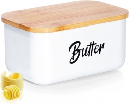 Witte stalen botervloot met bamboe deksel Vilde