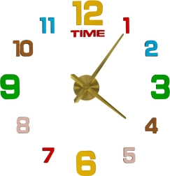 Wandklok zelfklevend DIY 80–90 cm, gouden wijzers, gekleurde cijfers