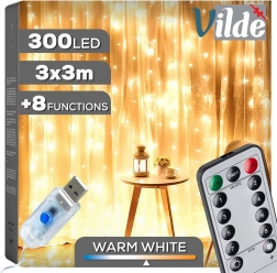 Lichtgordijn met afstandsbediening 300 LED 3 × 3 m, warm wit