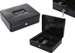 Dubbelwandige metalen geldkist met vakverdeling en twee sleutels zwart