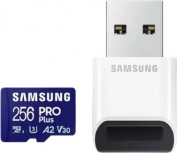 Samsung PRO Plus microSDXC-geheugenkaart 256 GB U3 A2 V30 met USB‑lezer