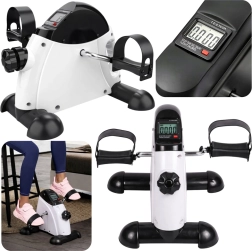 Mini hometrainer onder het bureau met lcd-display voor handen en voeten