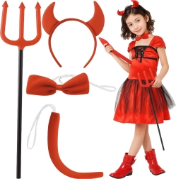 Kruzzel duivelskostuum – set van 4 accessoires (hooivork, hoorns, vlinderdas, staart)