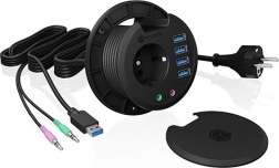 Inbouw-bureauhub ICY BOX 80 mm met 4× USB 3.0, audio en 230 V stopcontact