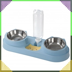 Dubbele voerbak voor honden en katten met automatische waterdispenser, blauw