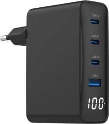Universele GaN Oplader 100W 1xUSB-A 3xUSB-C Snel Laden LCD zwart