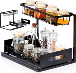 Twee-laags keukenrek met uittrekbare lade, metaal, zwart 36 × 27 × 28,5 cm