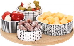 Porseleinen schaaltjes voor hapjes op bamboe serveerplank, 5-delige set