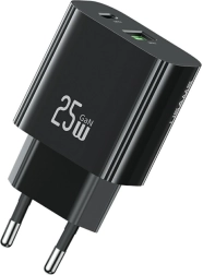 Netlader 25 W met 1× USB‑C en 1× USB‑A, snelladen, zwart