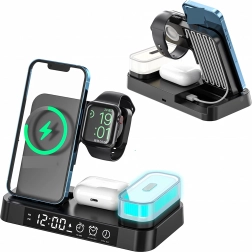 Draadloos 4-in-1 oplaadstation met klok en nachtlampje 15 W voor Qi, iPhone, Apple Watch en AirPods