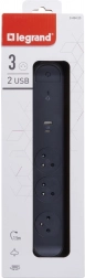 verlengbare overspanningsverdeler 3 stopcontacten met USB A/C, 1,5 m, zwart