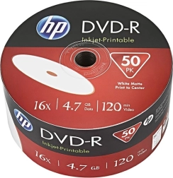hp dvd-r 4,7 gb 16× inkjet printable, 50 st (bulk)