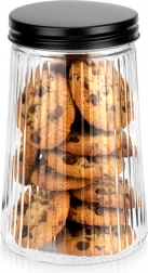 Glazen geribbelde voorraadpot 1 l met zwart deksel