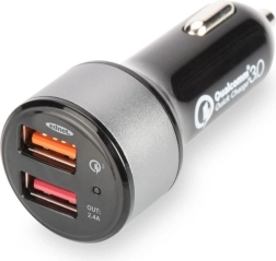 Autolader met Qualcomm Quick Charge 3.0, 2× USB (3 A / 2,4 A), zwart‑zilver