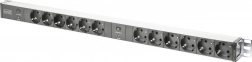 PDU-voedingsrail 19" RACK, 12x Schuko-stopcontact, 2x 2 m Unischuko-stekker, 16A, overbelasting, aluminium profiel
