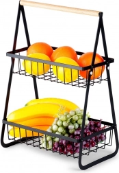 Tweelaagse metalen fruitmand, zwart met houten handvat
